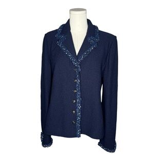 St John Collection Navy Blue Polka Dot Ruffle Trim Button Front Jacket